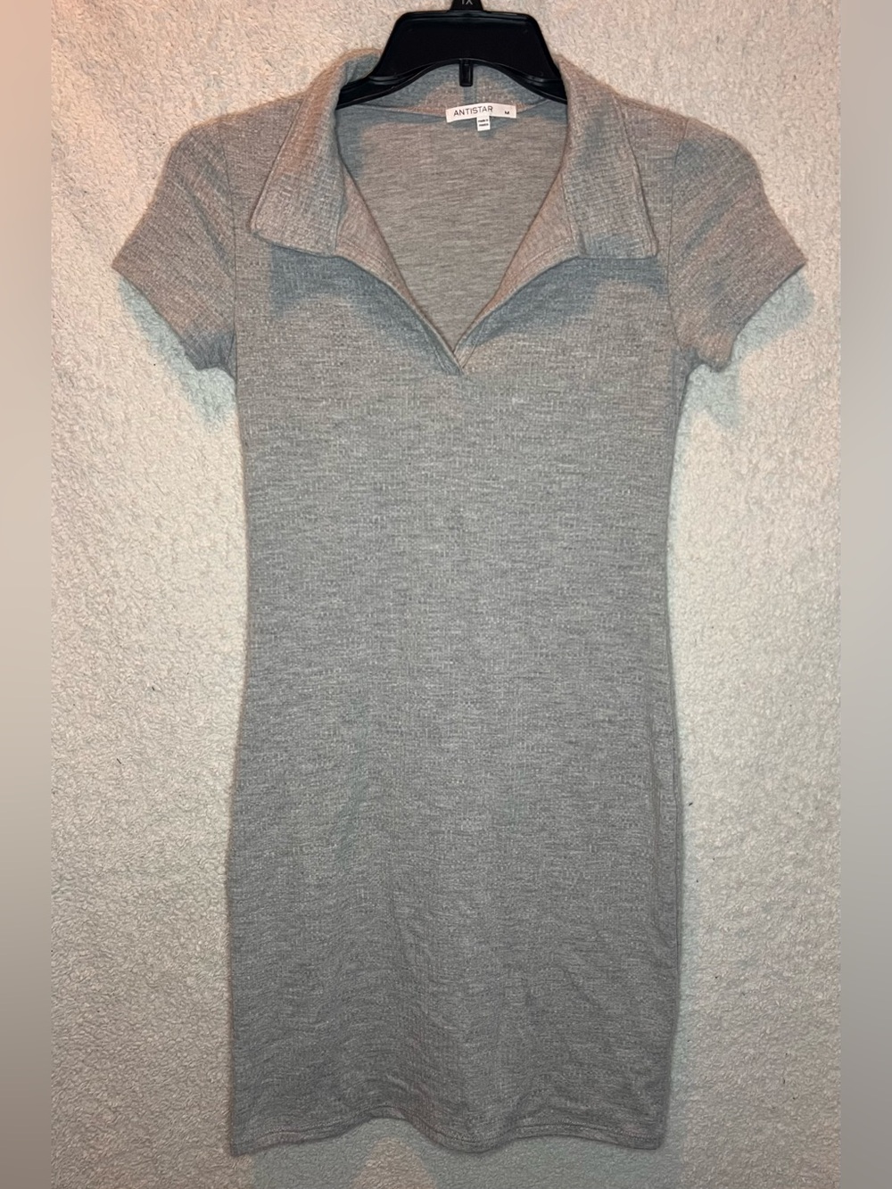 Antistar Gray Ribbed Knit Polo Short Sleeve Midi Dress Size Medium